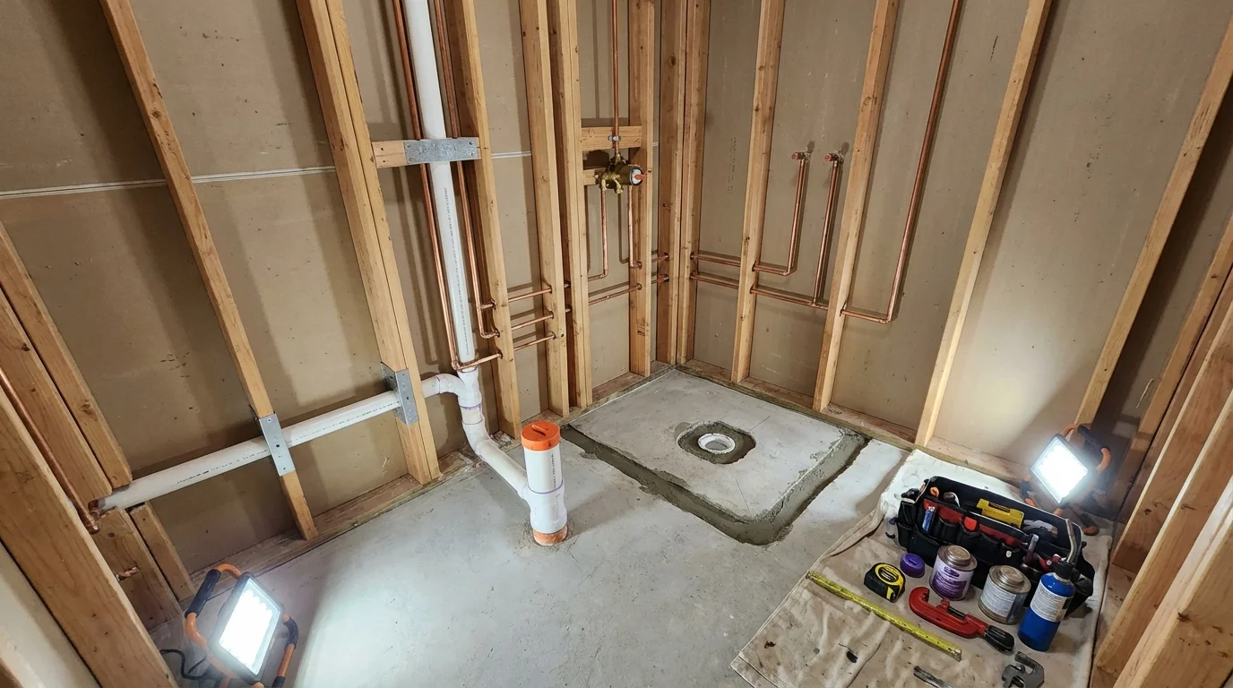 Bathroom rough-in plumbing during remodel by Johns Plumbing LLC in Florham Park