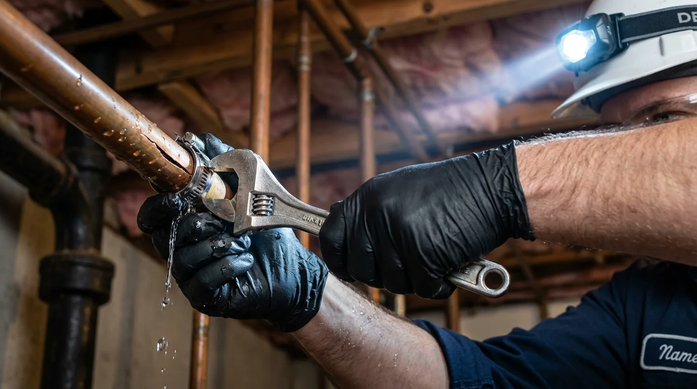 Emergency pipe clamp repair being performed by a Johns Plumbing LLC plumber in Florham Park