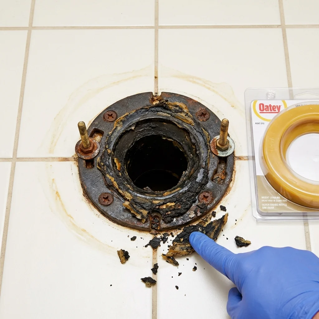 Failed wax ring showing water seepage at the base of a toilet in a Florham Park, NJ home