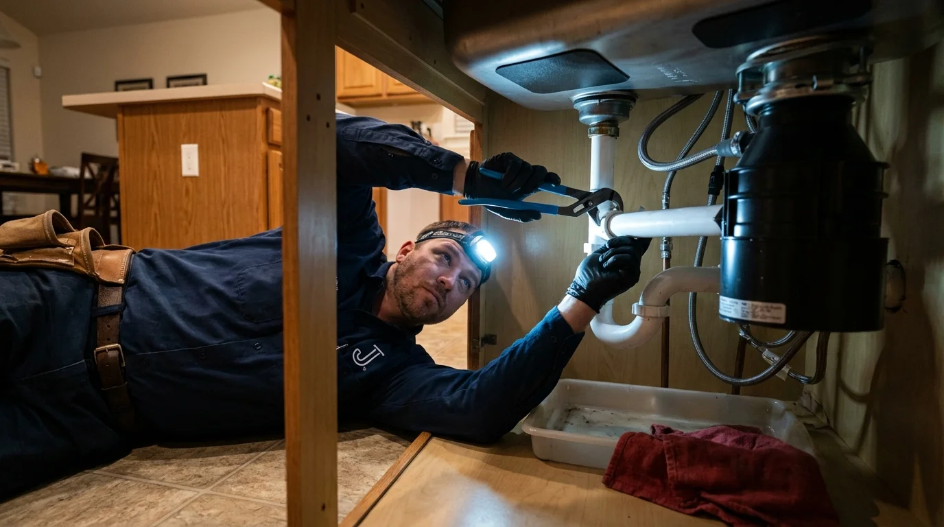 P-trap and supply line connections under a kitchen sink showing a common leak point in Florham Park, NJ
